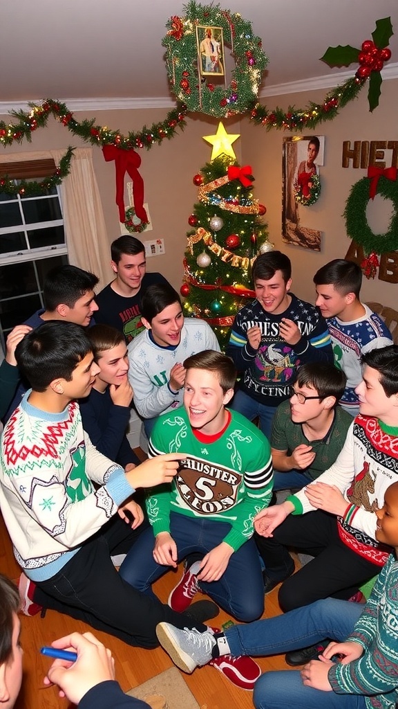 Fun Christmas Party Games for Teen Boys Teen boys enjoying Christmas party games with decorations and a festive atmosphere.